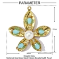 Detail of 37mm gold stainless steel flower pendant with blue glass beads and pearl center - Light Blue Petal Pendant (YF435-4)