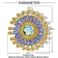 Vue détaillée du pendentif fleur en perles de cristal avec dimensions techniques - Disque Rose Bleu Clair (YF431-2)