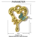Detail of stainless steel heart pendant with blue enamel butterfly and size parameters - Melted Heart Blue Butterfly (YF423-2)