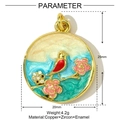 Détail du pendentif oiseau en émail rond avec placage or cuivré et accents de zircon - Pendentif Rond Motif Fleur Oiseau (YF550)