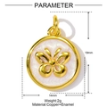 Detailed macro view of 14mm round pink enamel copper butterfly charm pendant for necklace - Gold Butterfly (YF731)
