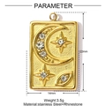 Detail view of 22x14mm gold stainless steel tarot pendant with crescent and stars - Star Moon Eye Tag (YF665)
