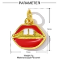 Macro detail of red lips enamel pendant with gold copper trim and size parameters - Red Lips (YF734)