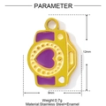 Macro detail of camera pendant in stainless steel with purple enamel heart and dimensions - Purple Heart Camera (YF808)