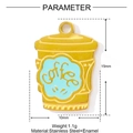 Detail of coffee cup pendant in gold and blue enamel with stainless steel size specs - Golden Coffee Text Cup (YF814)