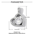 Detailed dimensions of silver stainless steel heart pendant with a central zircon stone - Central Single Stone Heart Style (YH1602-1)