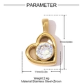 Macro detail of a 17mm gold stainless steel heart pendant featuring a sparkling zircon stone - Central Single Stone Heart Style (YH1602-2)