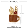 Detail view of a 19mm stainless steel coffee cup pendant with enamel brushes and dimensions - Brown Mug (YH1613-1)