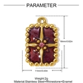 Detail view of rectangular red enamel star pendant with pink rhinestone in gold plating - Red Enamel Cross Star Rectangle (YH1667-2)