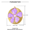 Detail of round golden stainless steel pendant with purple enamel flower and white accents - Purple Enamel Round Flower (YH1775-2)