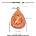 Detailed view of an orange resin teardrop pendant with rose relief and size dimensions - Orange Rose Waterdrop Style (YK074-2)