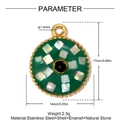 Infografica con dimensioni e materiali del ciondolo rotondo in smalto verde e conchiglia - Conchiglia Verde Tonda (YK083-3)