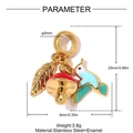 Detail showing stainless steel leaf, mushroom and enamel bird charms with dimensions - Leaf Mushroom Bird Style (YK061)