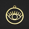 Macro view of gold stainless steel hollow Evil Eye pendant with eyelashes detail - Gold Hollow Round (LA005-2x5)