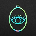 Macro detail of rainbow plated stainless steel evil eye pendant with eyelash design - Rainbow Hollow Oval (LA006-3x5)