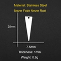 Detailed size chart for stainless steel triangle pendant measuring 25mm by 7.5mm - Long Triangle Style (LA052)