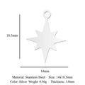 Detailed view of silver stainless steel North Star pendant showing 14x18.5mm size specs - Eight-Pointed Star Style (LA890-1)