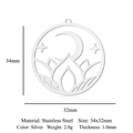Detail showing dimensions of silver moon and stars stainless steel pendant 34x32mm - Moon and Mountains Style (LA958-1)