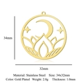 Detailed view of a gold-plated stainless steel circular pendant with celestial design - Moon and Mountains Style (LA958-2)