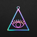 Macro detail of a rainbow triangular evil eye pendant charm in polished stainless steel - Rainbow Hollow Triangle (LA008-3x5)