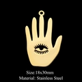 Detailed view of golden 18x30mm stainless steel Hamsa hand pendant with eye cutout detail - Hollow Palm Eye Style (LA323-2)