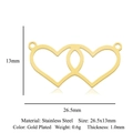 Macro view of gold-plated stainless steel interlocking heart pendants with size labels - Linked Double Heart (LA869-2)