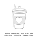 Vue détaillée du pendentif tasse à café en acier argenté avec dimensions et cœur - Tasse à Café Cœur (LA783-1)