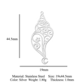 Detailed view of silver conch shell stainless steel pendant showing dimensions 44.5x19mm - Sea Shell Silver (LA931-1)
