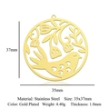 Detail view of 35x37mm gold plated stainless steel bird and flower pendant with size specs - Round Bird Floral Gold (LA932-2)