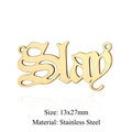 Detailed view of golden Slay letter pendant in gothic font with stainless steel specs - Slay Gold (JA645-2)