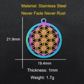Vue macro du pendentif fleur de vie en acier inoxydable arc-en-ciel avec dimensions de 21,9mm - Fleur de Vie Irisée (JA577)