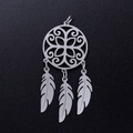 Detailed macro view of silver stainless steel lotus dreamcatcher pendant with three feathers - Silver Style 2 (JN353-1)