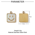 Detailed macro view of a 12mm square stainless steel smiley face charm with shell inlay - Gold Square Smiley Shell Pendant (VG412)