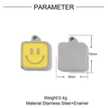 Detailed macro view showing the front and back of a 10mm yellow enamel smiley face pendant - Silver Square Yellow Smiley Enamel Pendant (VG413)