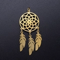 Macro view of gold lotus dreamcatcher pendant with three delicate metal feathers - Gold Style 4 (JN355-2)