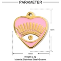 Macro view of pink enamel heart pendant with golden eye motif and size measurements - Pink Large Eye Style (YE085)