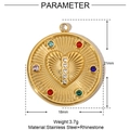 Detail view of a gold-plated stainless steel circular pendant with colorful rhinestones - Heart Disk Style(YE639)