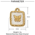 Detail of square gold butterfly pendant with white enamel inlay and size dimensions - Square Butterfly Enamel Style (VG1004x3)