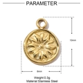 Macro detail of 8mm gold-plated stainless steel flower pendant with dimensions - Gold Sunburst Round Style (YE704)