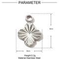 Macro view of silver stainless steel four-leaf clover charm with radial texture and dimensions - Silver Sunburst Clover Style (YE705-1)