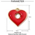 Detail view of 18mm red heart pendant in stainless steel with enamel finish and size data - Red Hollow Heart Style (YE091)