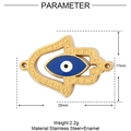 Detailed view of golden Hamsa Hand pendant with blue enamel Evil Eye and size metrics - Hamsa Hand Style(YE646)