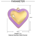 Detail showing 18mm heart pendant dimensions and stainless steel enamel material specs - 3D Purple Edge Gold Core Style (YE094)