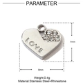 Macro detail of a heart-shaped stainless steel pendant with LOVE engraving and zircons - Silver Rhinestone Love Heart Style (YE708-1)