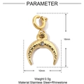 Macro view of gold crescent moon pendant with rhinestone and dimension parameters - Crescent Moon Rhinestone Pendant (YF266)