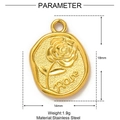 Detail view of 18mm gold stainless steel rose oval pendant with 1.9g weight specifications - Rose Relief Tag (XF078)