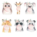 Watercolor animal wall decals with fox giraffe and panda blowing pink bubbles - Six Sheets Packaging