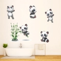 Cartoon panda wall stickers featuring five cute pandas and bamboo on a white bathroom wall - Cute Panda Style (KSY145)