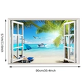 Détail du sticker mural fenêtre 3D avec plage tropicale et dimensions de 90x57cm indiquées - Plage Feuille de Palmier Bateau Rapide (KS6800-4)