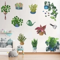 Watercolor potted green plant wall stickers featuring monstera and gardening tools - KSY-156 Potted Spider Plant Green Leaf